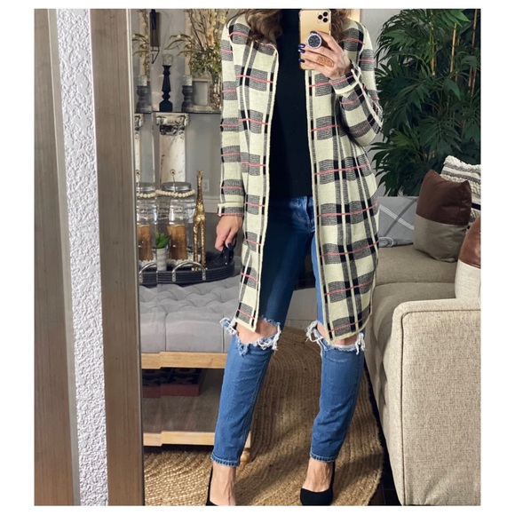 14 Plaid Open Light Chic Knit Jacket Cardigan - Picture 2 of 4